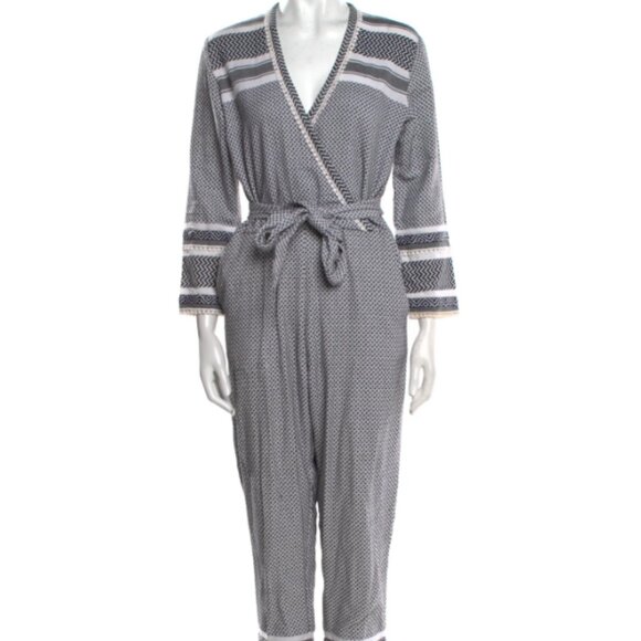 Dodo Bar Or Printed V-Neck Jumpsuit Black Crochet Trim 3/4 Sleeve - Picture 1 of 3